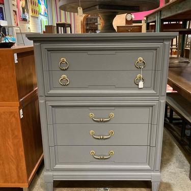 Gray painted Italian provincial chest of drawers. 36” x 19” x 48”