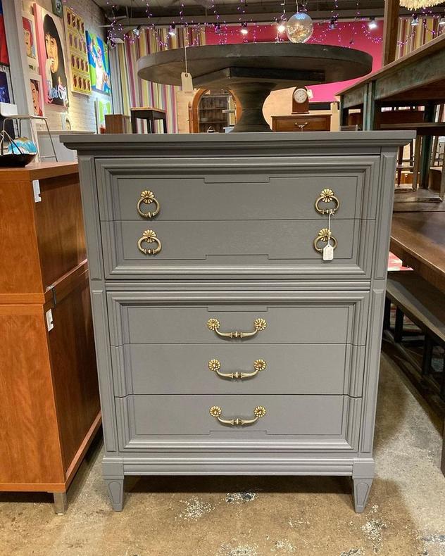 Gray painted Italian provincial chest of drawers. 36” x 19” x 48”