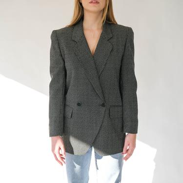 Vintage 80s Jones New York Black & White Micro Windowpane Double Breasted Blazer | Made in USA | 100% Wool | 1980s Designer Gabardine Jacket 