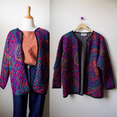 Vintage 70s Pink and Blue Paisley Quilted Open Jacket Medium/Large 