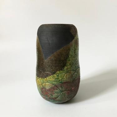 Vintage Dip Glazed Raku Pottery Vase 