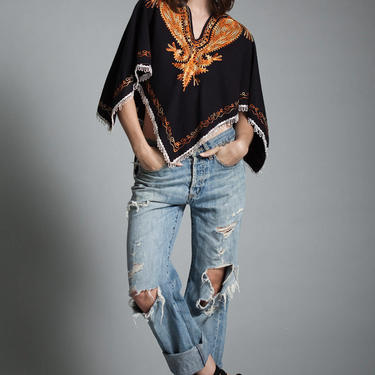 vintage 70s poncho cape top hippie boho embroidery black orange ONE SIZE S M L small medium large 