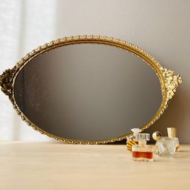 extra large gold oval mirror dresser tray - hibiscus floral handles 