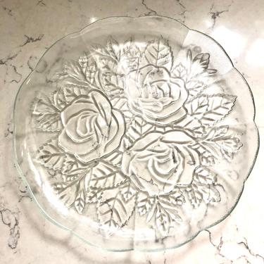 Vintage Pressed Roses Clear Glass Cake Platter for Party Table, Antique Embossed Floral Rose Clear Class Wedding Cake Plate by LeChalet