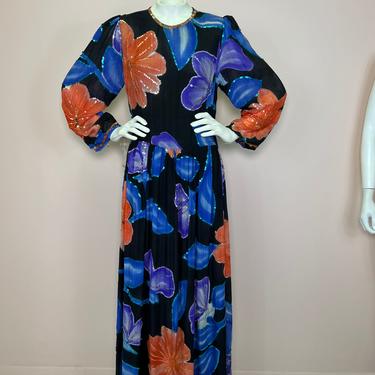 Vtg 1980s deadstock silk sequin puff sleeve maxi dress 