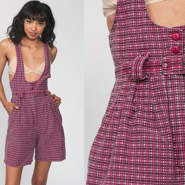 Suspender Shorts Pink Plaid Overalls Shortalls Playsuit 80s Pleated Mom Shorts Grunge Woman Wide Leg Vintage Extra Small xs 