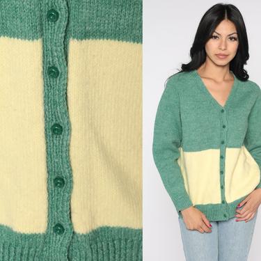 Color Block Cardigan Sweater -- 80s Wool Green Cardigan Knit Button Up 1980s Vintage Nerd Acrylic Yellow Medium 
