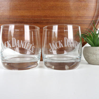 Set of 2 Vintage Jack Daniels Whiskey Glasses, Old No. 7  Whiskey Rocks Barware Set With White Lettering 