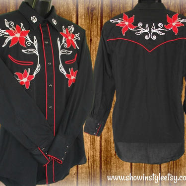 Chute #1 Vintage Western Men's Cowboy &amp; Rodeo Shirt, Embroidered Red and Gray Floral Designs, Size 17-35 (approx. XLarge (see meas. photo) 