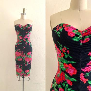 vintage betsey johnson floral  fitted strapless dress 