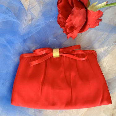 Red Satin Clutch, Optional Chain Handle, Vegan Fabric Purse, Pin Up Handbag, Vintage 50s 60s 