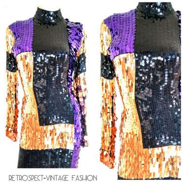 VINTAGE 1980's sequined Pop Art dress, Pailette sequin dress, art deco sequin party dress, trophy dress,  gold sequin dress 