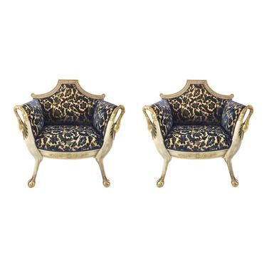 Vintage Italian Carved Wood and Cut Velvet Chairs Pair