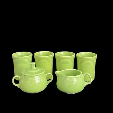 Vintage Mid Century Modern Homer Laughlin Fiesta Creamer &amp; Sugar Bowl with 4 Cups Chartreuse Green Color Retro Classic Dinnerware Pattern 