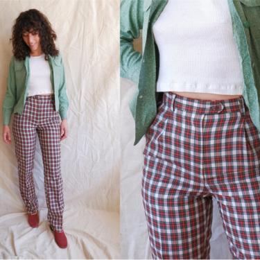 Vintage 70s Plaid Trousers/ 1970s High Waisted Red White Green Straight Leg Pants/ Size XS 25 