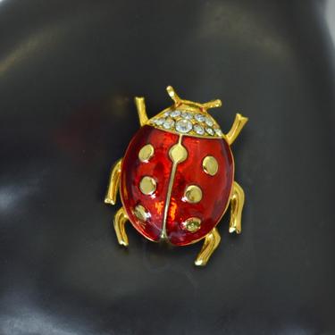 90's rhinestone enamel gold plated metal big ladybug kitsch bling brooch, charming whimsical red white &amp; gold sparkly bug figural pin 