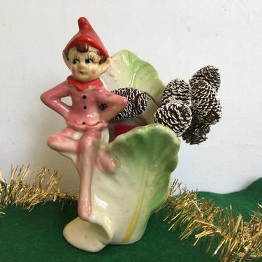 Red Elf Sits Impatiently On Cabbage Planter, Vintage Elf Planter, Pixie With Attitude And Charm 