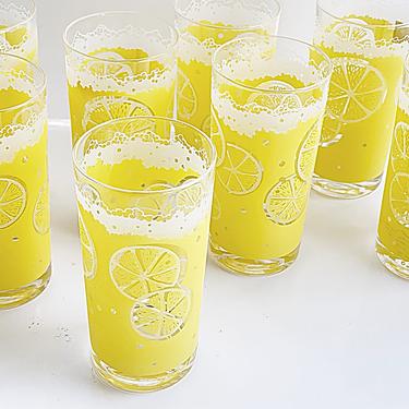 MCM Summer barware 4 Fred Press cocktail highball glasses Lemon Fizz lemonade Iced tea / Mid Century yellow glassware Home bar inspiration 