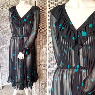 Vintage Dress, Black Sheer Dress, Nipon Boutique, Flowy, Abstract Print, Ruffles, Pleated Front, Teal Black 