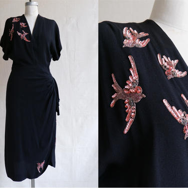 Vintage 40s Swallow Beaded Crepe Rayon Dress/ 1940s Black Draped Dress with Sequin Birds/ Size Small Medium 