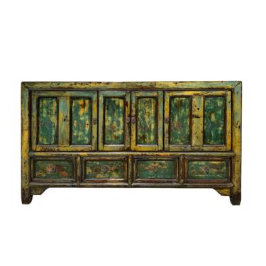 Chinese Distressed Olive Green Blue Graphic Sideboard TV Console Cabinet cs6936E 