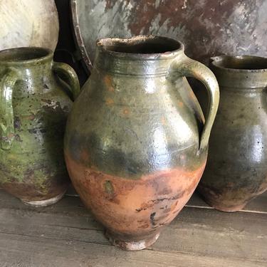 1 19th C Pottery Jug, Vase, Olive Jar, Green Glazed, Rustic Terra Cotta, European Farmhouse, Farm Table 