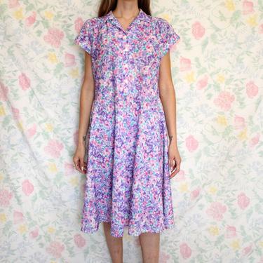 Vintage 80s Floral Dress, California Looks Pastel Lilac, Collar Button Down Fit and Flare Dress, Size Medium 