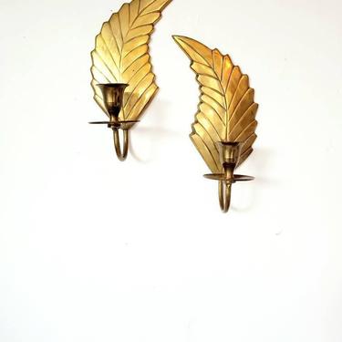 Vintage Brass Feather Wall Sconce Set 