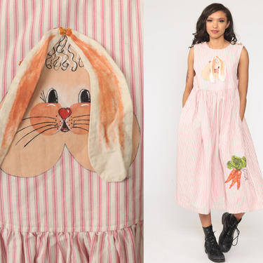 Bunny Jumper Dress Pink Rabbit Dress Striped 90s Midi Hand Painted Vintage Country Kawaii Pinafore Low Armhole Sleeveless Extra Small xs 
