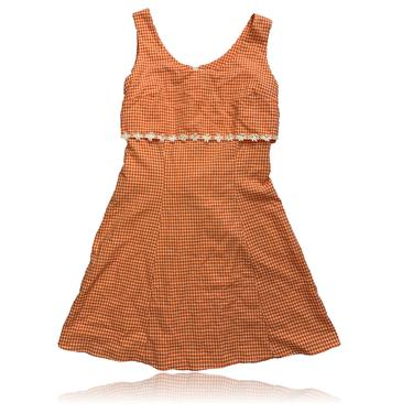 90s Orange Gingham Print Daisy Trimmed Mini Dress// A-Line // Tie-back / 