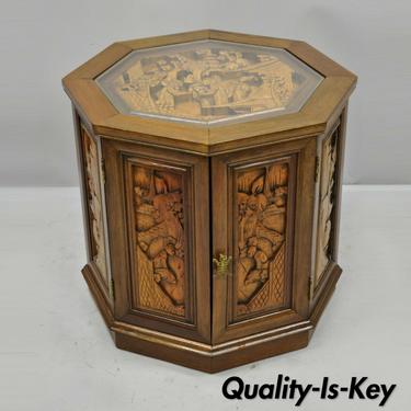 Vintage Oriental Asian Figural Carved Wood Accent Storage Cabinet Drum Table