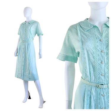 Early 1960s Mint Green Cotton Nelly Don Shirtwaist Dress with Matching Belt - 1960s Mint Green Dress - Vintage Cotton Day Dress | Size Large 