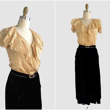THIRTIES SOMETHING Vintage 30s Chantilly Lace and Silk Velvet Dress | 1930s Black and Beige Art Deco Dress | Gatsby, Bias Cut | Size Small 