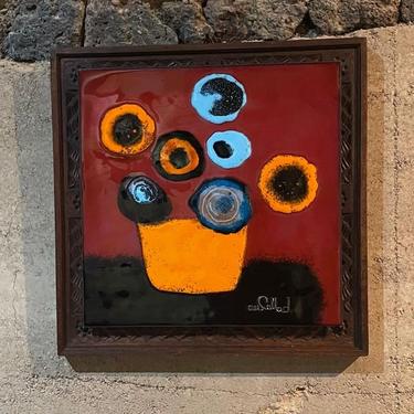 Copper Enamel Art Abstract Vibrant Modern Flowers In a Vase signed Callado Mexico City 