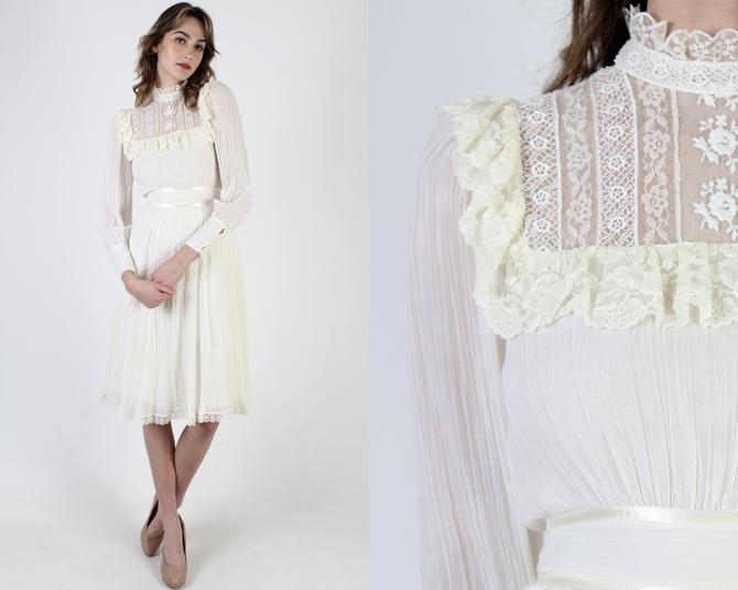 Vintage 70s Gunne Sax Dress / Off White Gauze Romantic Dress / Plain Sheer Floral Lawn Mini / Victorian High Neckline Size 5 by americanarchive