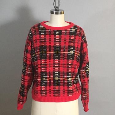 Large scale plaid pullover sweater - AJ and Friends - 1980s vintage knitwear - size M 