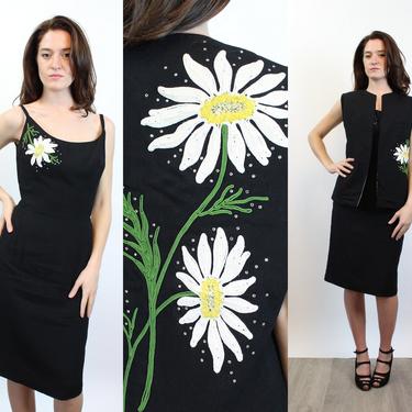 1960s MR BLACKWELL embroidered daisy rhinestones dress and VEST small | new spring 