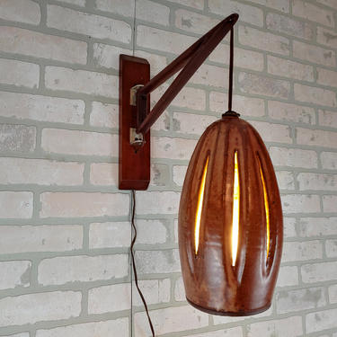 Vintage 1960's Danish Style Wood and Ceramic Swing Arm Wall Adjustable Saucer Lamp 