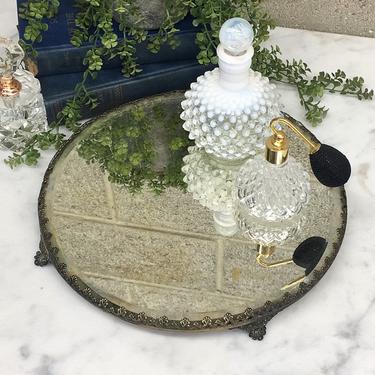 Vintage Mirrored Tray Retro 1950s Victorian + Silver Metal + Round + Beveled Glass + Footed + Vanity Perfume Display + Home + Bathroom Decor 