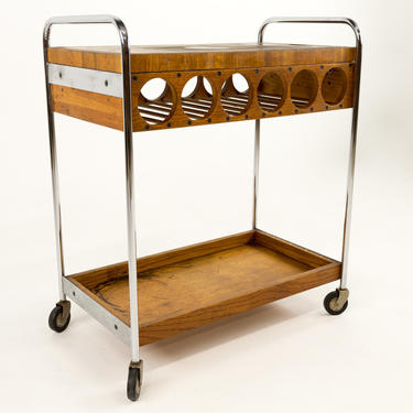 Arthur Umanoff Mid Century Modern Chrome and Butcher Block Gourmet Bar Cart with Wine Rack - mcm 