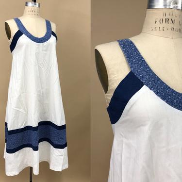 Vintage 1970s White & Blue Cotton Summer Dress, Lightweight Cotton Dress, Vintage Cottage Core, Prairie Western, Size XS, 32&quot; Bust by Mo