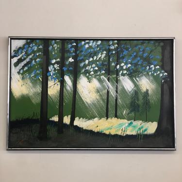 Vintage mid century modern signed framed forest painting 