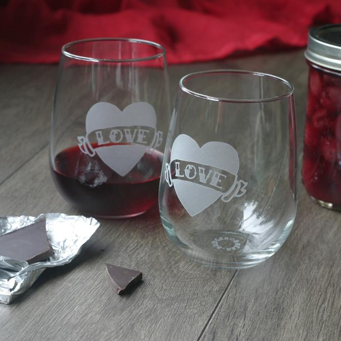Love Heart Stemless Wine Glass for Father&amp;#39;s Day or an Anniversary by BreadandBadger