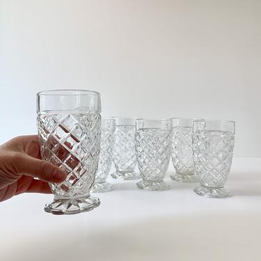 Set of 6 Pressed Glass Footed Tumblers, Waterford Clear by Anchor Hocking Waffle Design, Depression Glassware, Vintage Drinking Glasses 