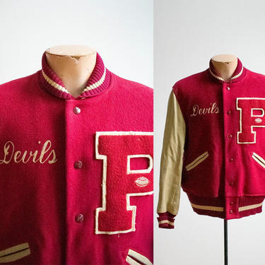 Vintage 1950s Letterman Jacket / Vintage Maroon Wool Varsity Jacket / 1950s Devils Letterman / Varsity Football Jacket / Vintage Devils 