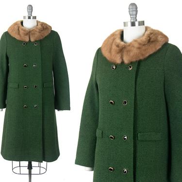 Vintage 1960s Coat | 60s Forest Green Wool Brown Mink Fur Collar Double Breasted Winter Pea Coat (medium) 