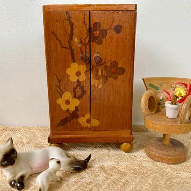 Miniature Wood Dollhouse Cabinet, Asian Inlaid Dogwood Design, Bohemian Doll Wardrobe, Vintage Marquetry Mini Armoire, No Props Included 