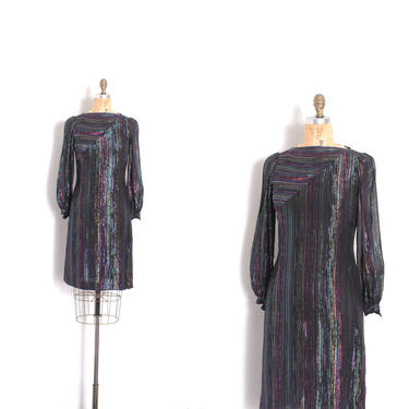 Vintage 1980s Dress / 80s Mignon Metallic Rainbow Sparkle Dress / Black ( XS S ) 