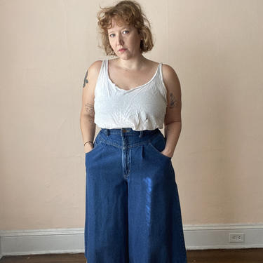 80s 90s Dark Denim Culottes Cropped Wide Leg Jeans Pants Size L / XL 