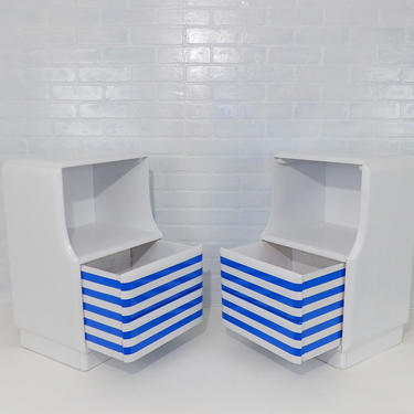 Mid Century Modern White & Blue Striped Nightstands End Tables Bedroom Furniture Painted English Country Shabby Chic Baby Boys Girls Room 